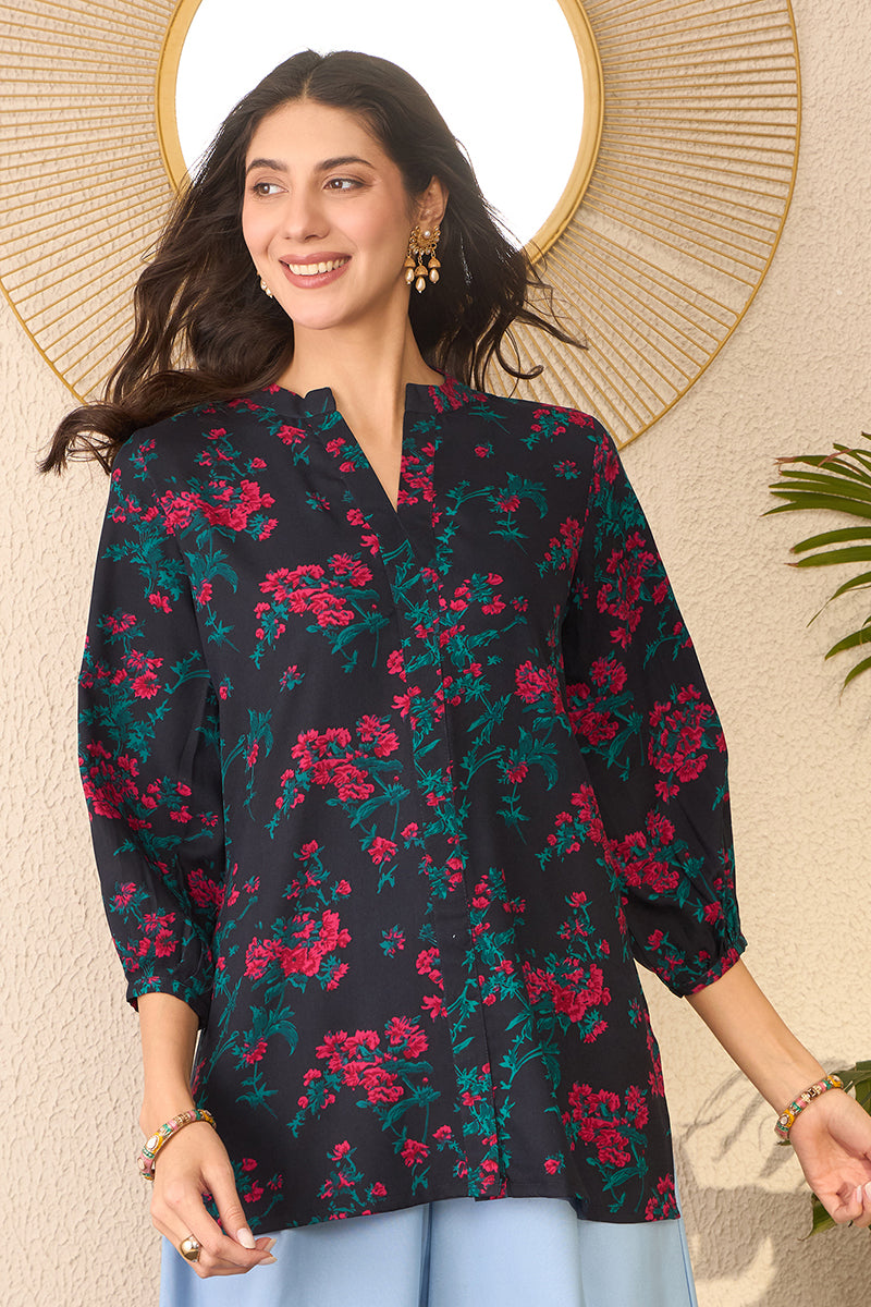 Navy Blue Cotton Blend Floral Printed Regular Top VT1380