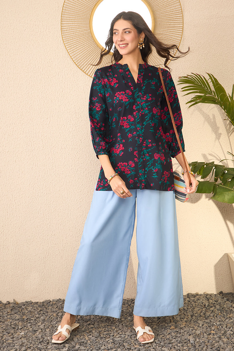 Navy Blue Cotton Blend Floral Printed Regular Top VT1380