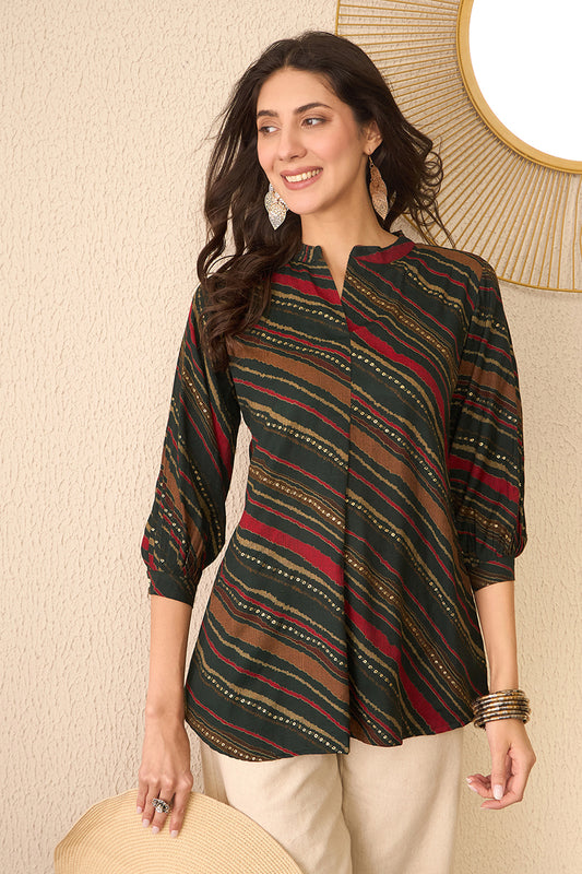 Green Cotton Blend Leheriya Printed Regular Top VT1383