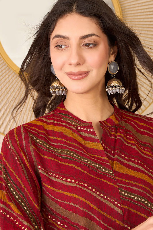 Red Cotton Blend Leheriya Printed Regular Top VT1385