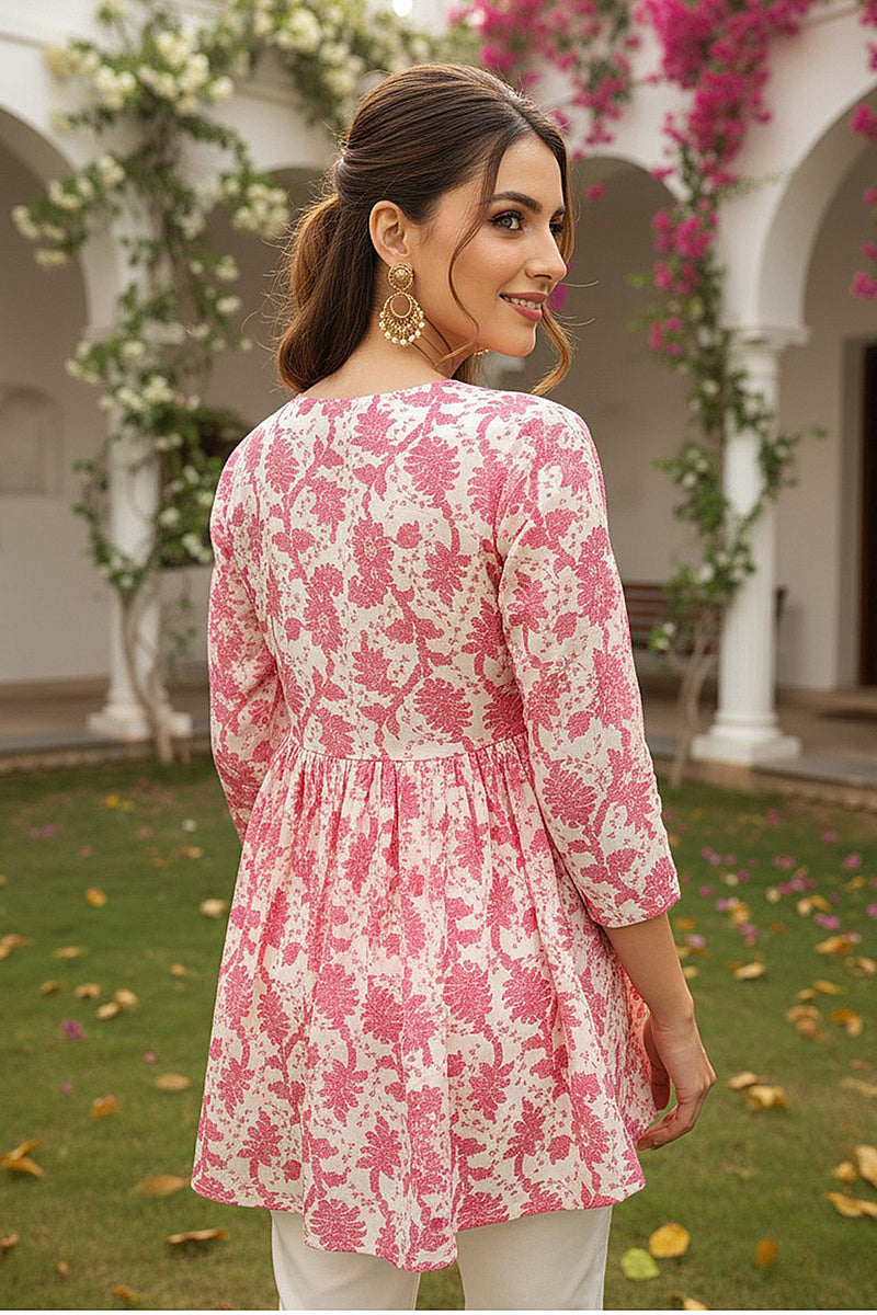 Cotton Blend Off White Floral Printed Top VT1386