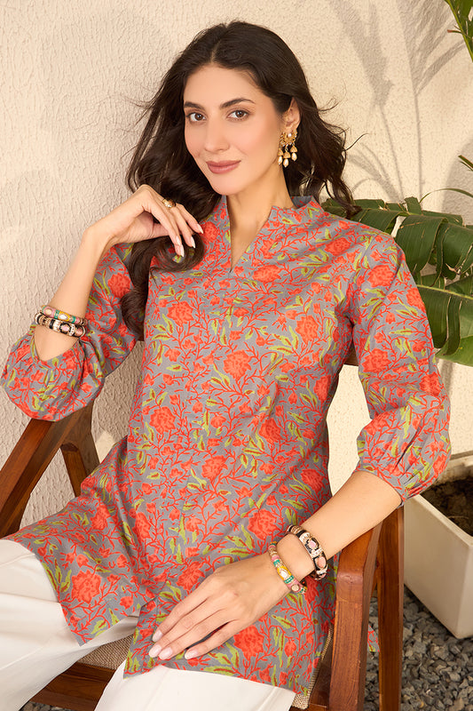 Grey Cotton Blend Floral Printed Regular Top VT1388