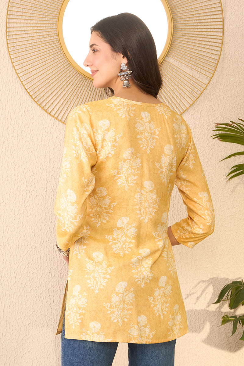 Yellow Cotton Blend Floral Printed Regular Top VT1391