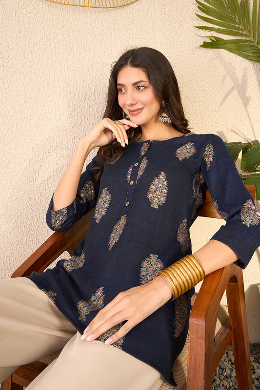 Navy Blue Cotton Blend Floral Printed Regular Top VT1395
