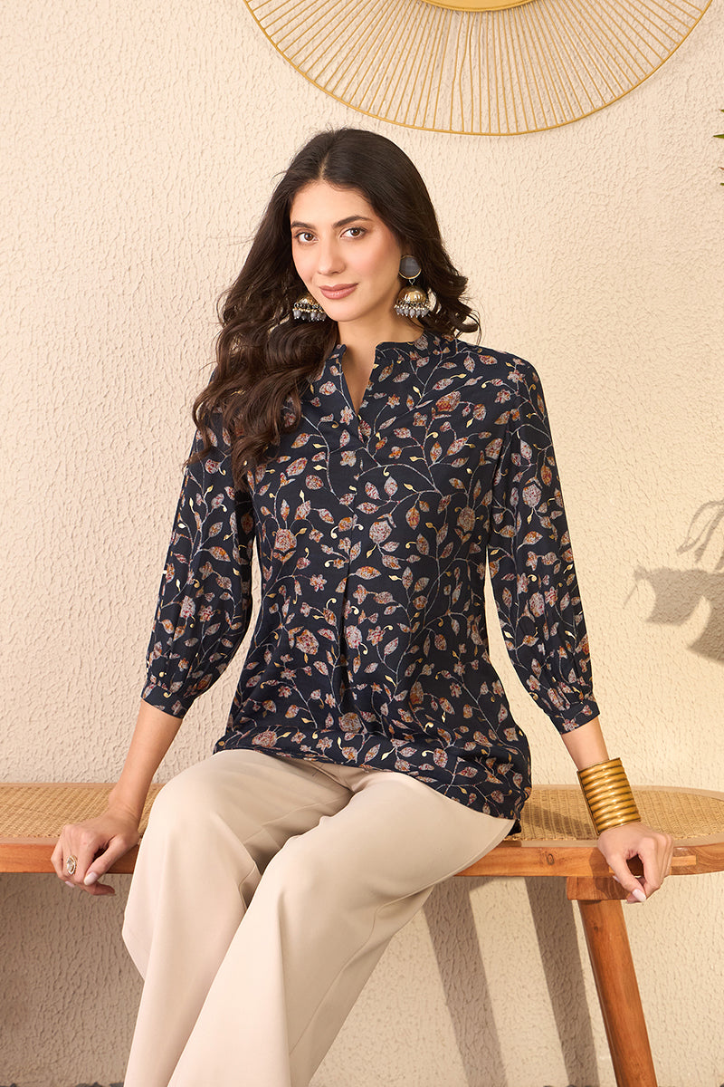 Navy Blue Cotton Blend Floral Printed Regular Top VT1398