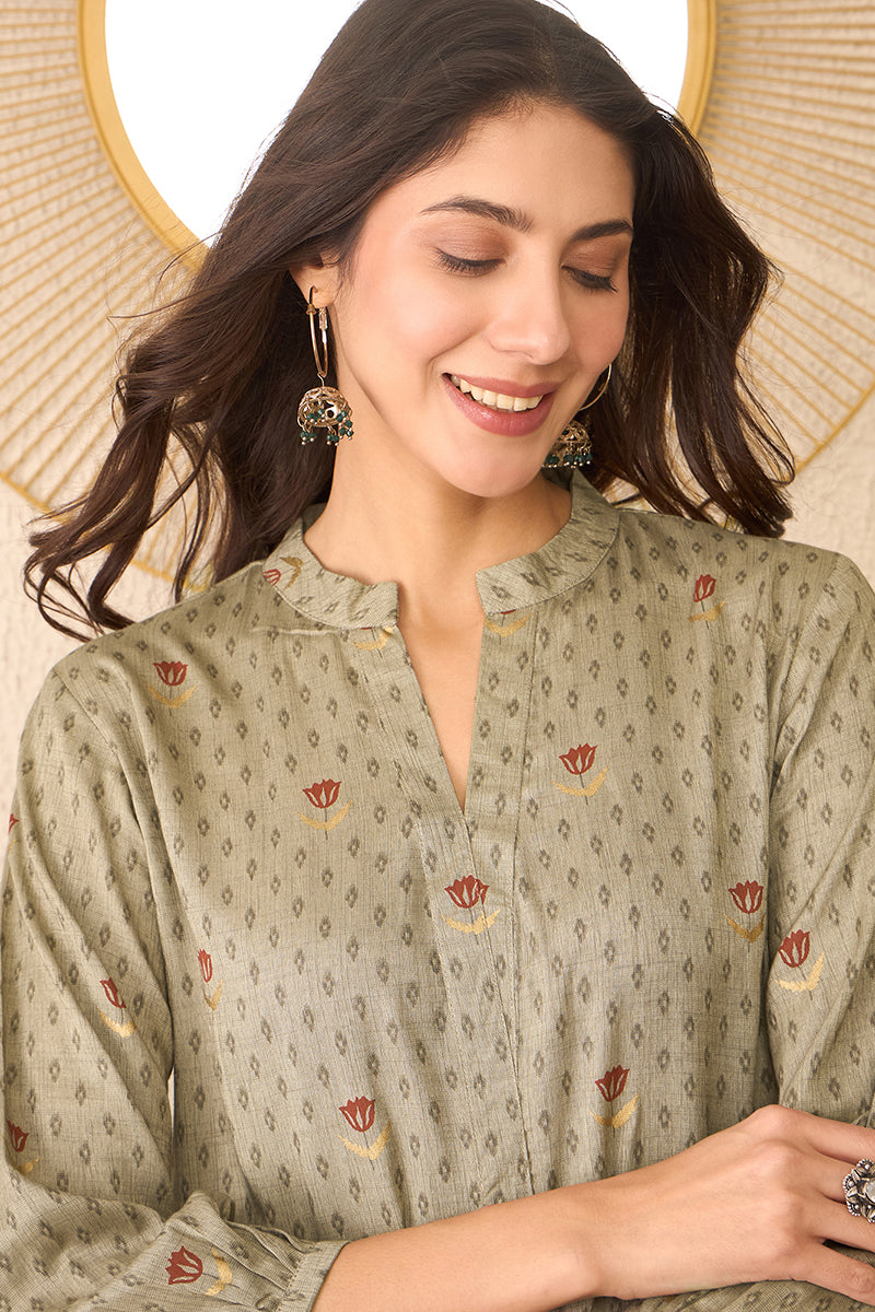 Grey Cotton Blend Floral Printed Regular Top VT1399