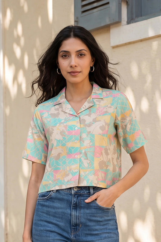 Multi Cotton Blend Abstract Printed Crop Shirt Style Top VT1400