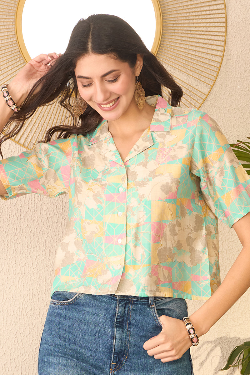 Multi Cotton Blend Abstract Printed Crop Shirt Style Top VT1400