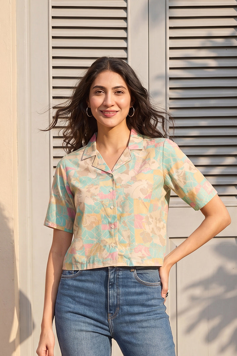 Multi Cotton Blend Abstract Printed Crop Shirt Style Top VT1400