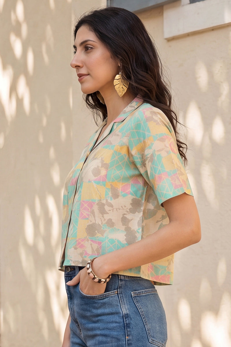 Multi Cotton Blend Abstract Printed Crop Shirt Style Top VT1400