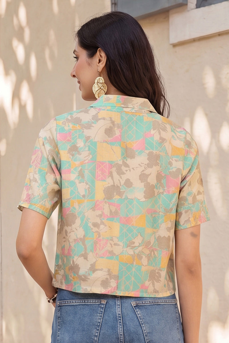 Multi Cotton Blend Abstract Printed Crop Shirt Style Top VT1400