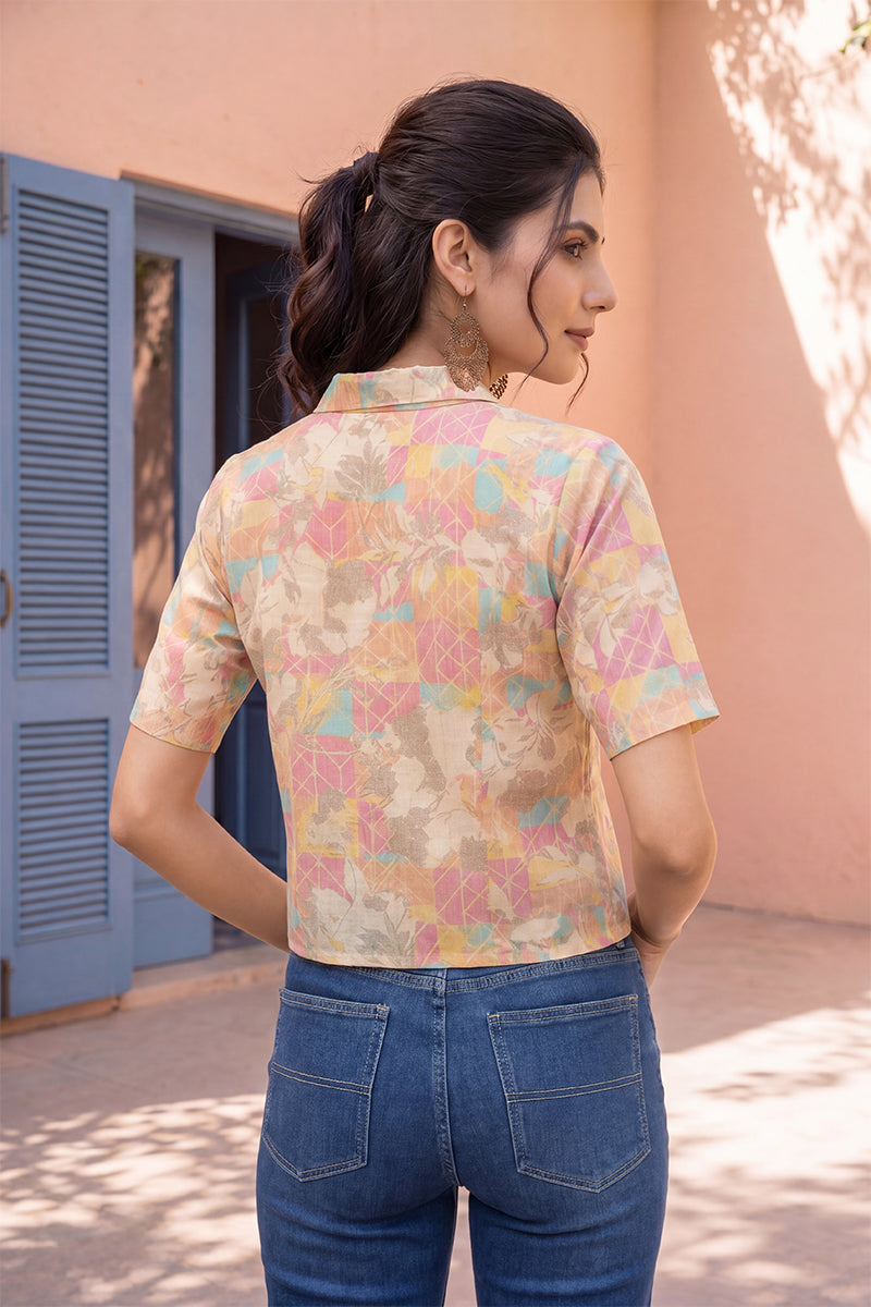 Multi Cotton Blend Abstract Printed Crop Shirt Style Top VT1401
