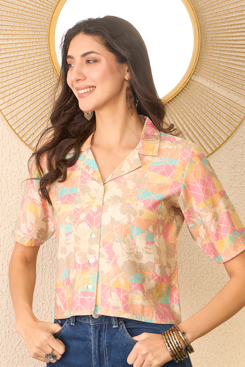 Multi Cotton Blend Abstract Printed Crop Shirt Style Top VT1401