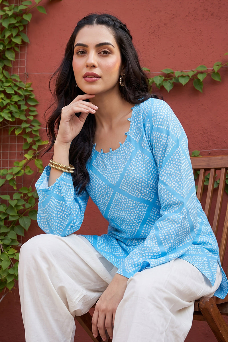 AHIKA Womens Blue Cotton Round Neck Long Sleeves Casual Top VT1471