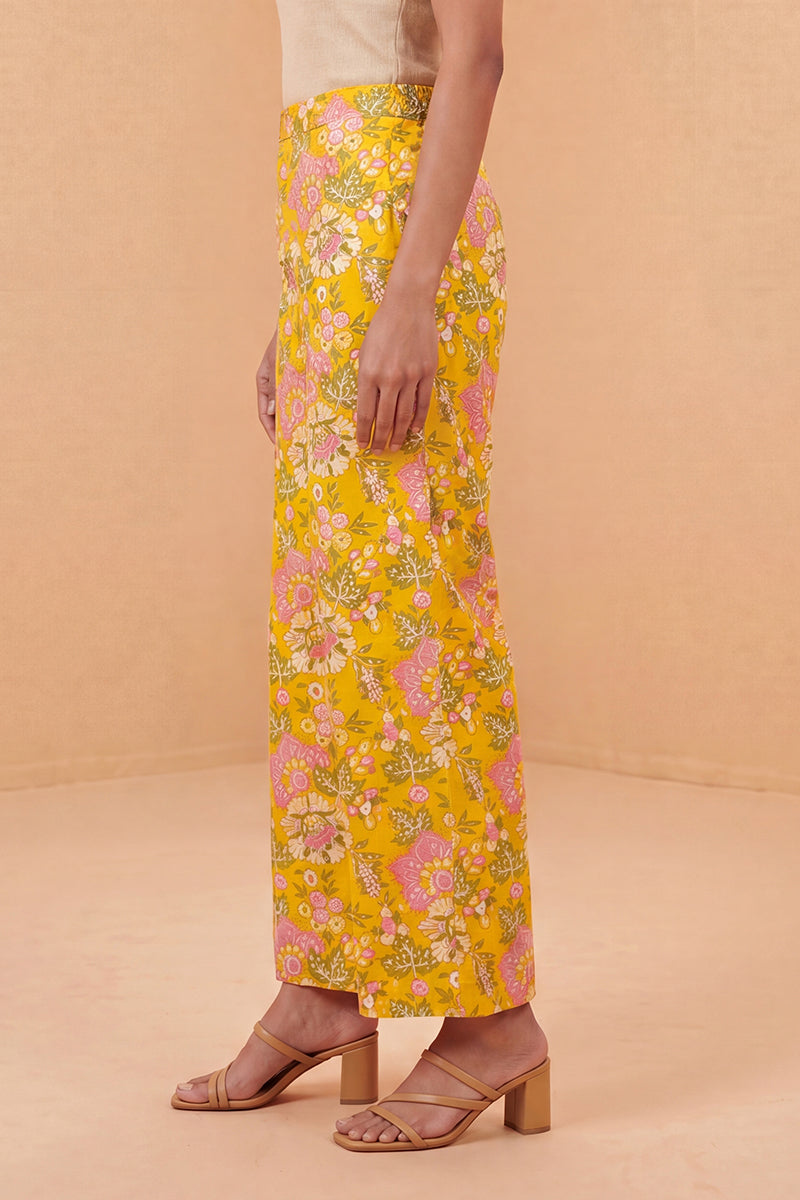 Yellow Rayon Floral Printed Regular Trouser WBOT1622