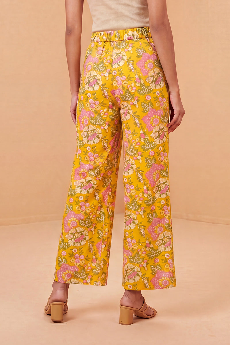 Yellow Rayon Floral Printed Regular Trouser WBOT1622