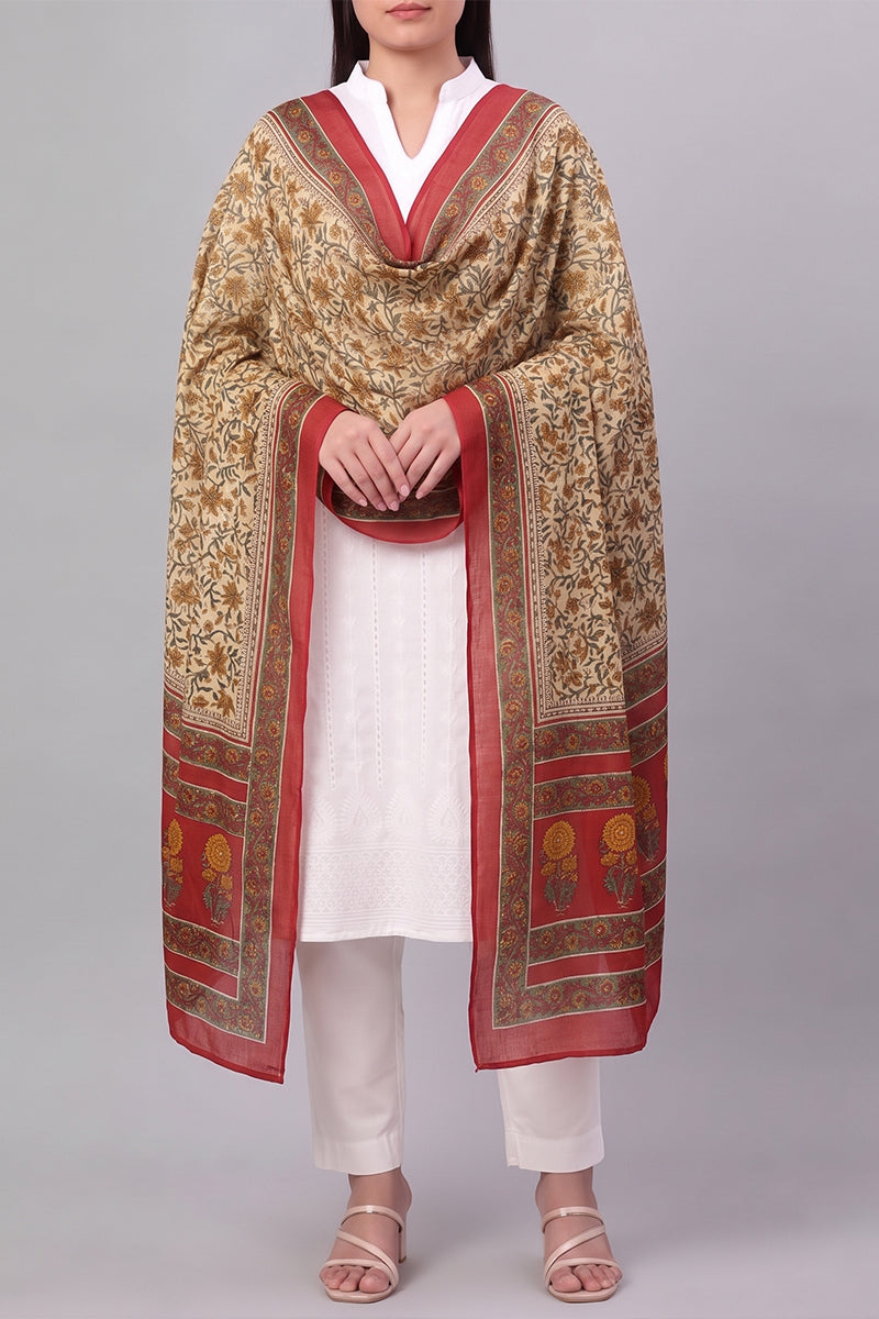 Ahika Women's Beige Floral Printed Dupatta WDPT1006