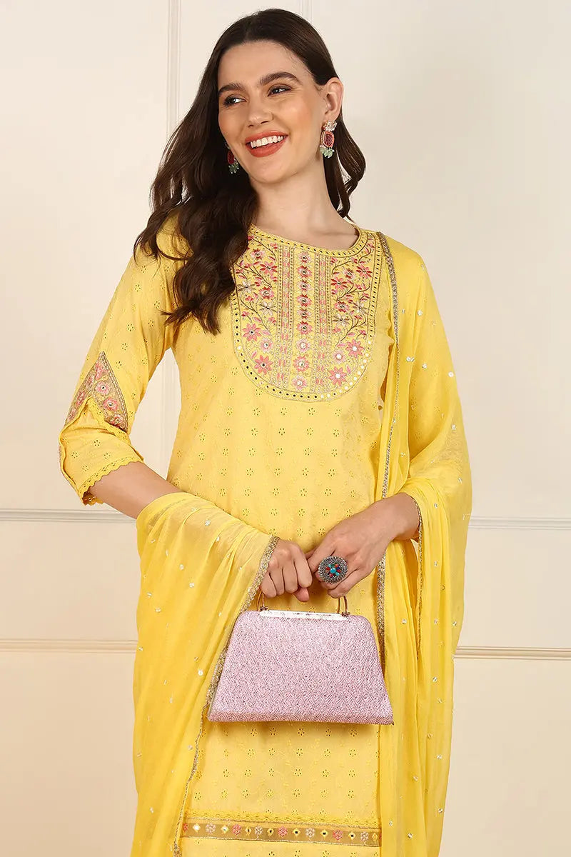 Yellow Cotton Embroidered Straight Suit Set JPSKD1052YLW