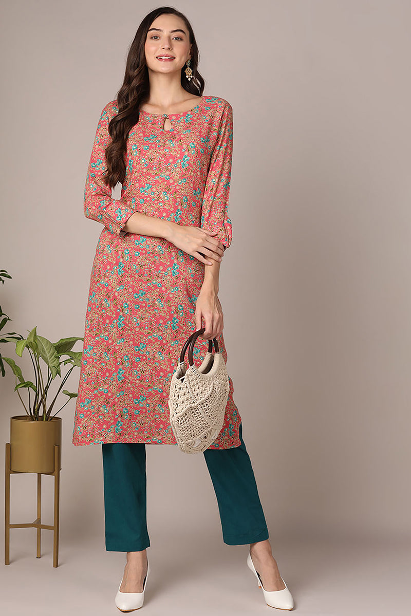 Pink Viscose Rayon Floral Printed Straight Kurta VCK9599