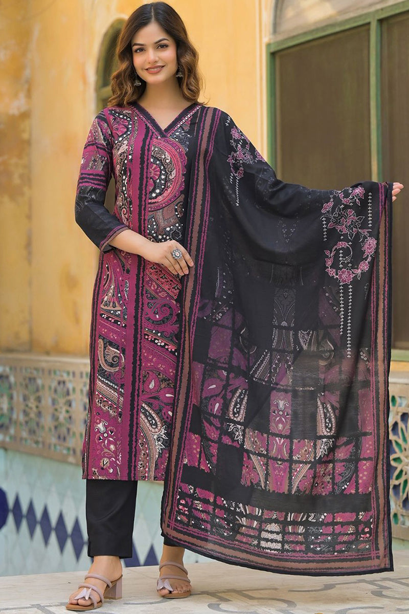 Black Rayon Blend Abstract Printed Straight Kurta Trouser With Dupatta SKSKD3080