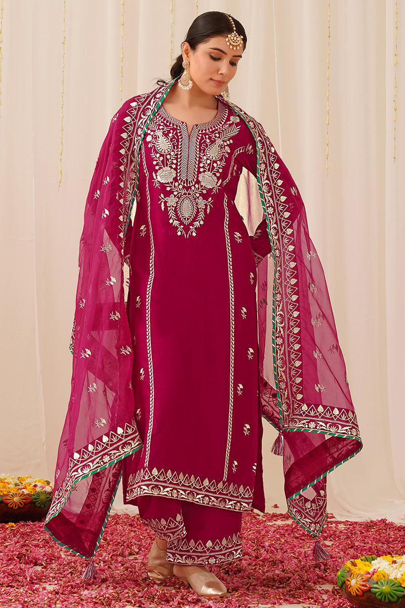 Pink Silk Blend Solid Yoke Design Straight Palazzo Suit Set PKSKD2490