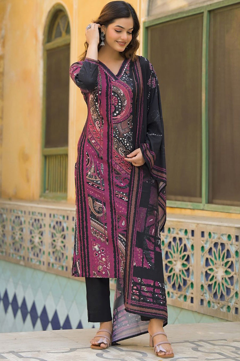 Black Rayon Blend Abstract Printed Straight Kurta Trouser With Dupatta SKSKD3080