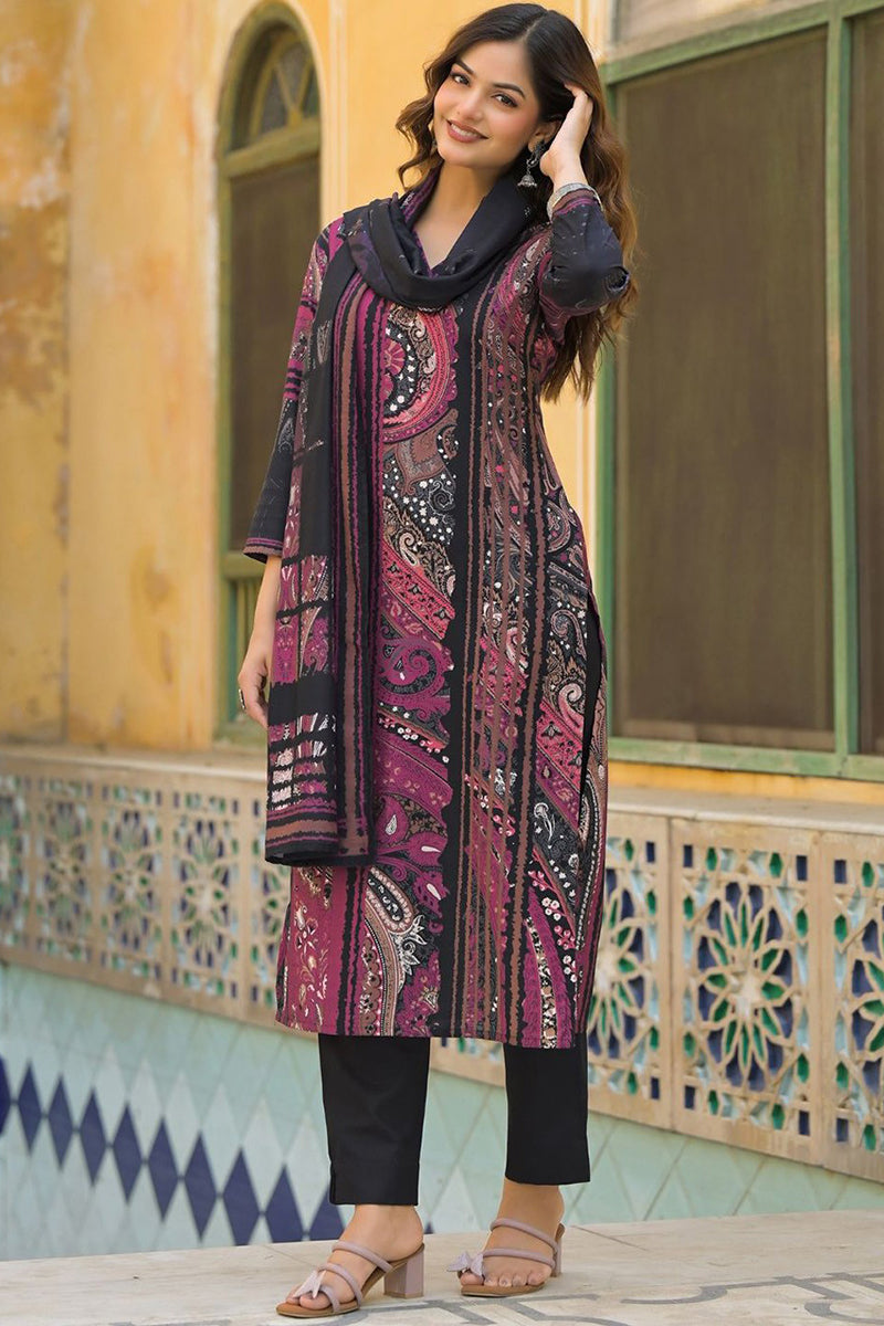Black Rayon Blend Abstract Printed Straight Kurta Trouser With Dupatta SKSKD3080