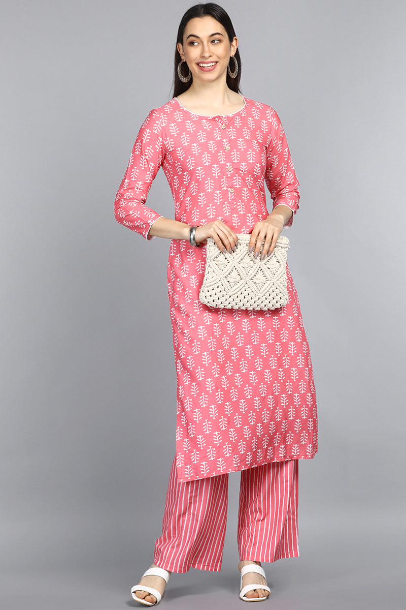 Pink Polyester Straight Kurta With Palazzo Set PKSET1066