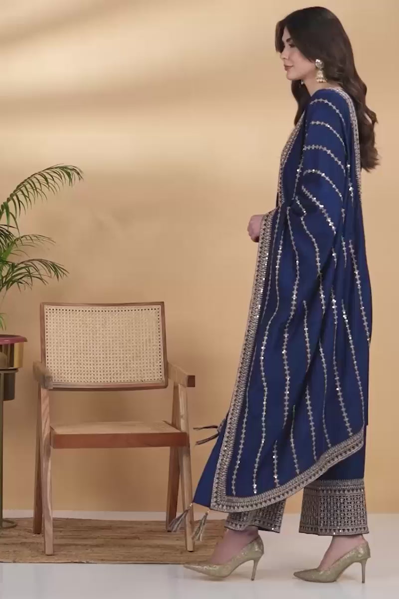 Blue Silk Blend Solid Yoke Design Straight Suit Set PKSKD2097