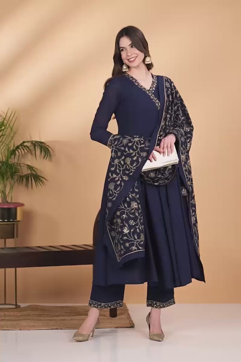Prussian Blue Poly Georgette Angrakha Pant With Dupatta PKSKD1910