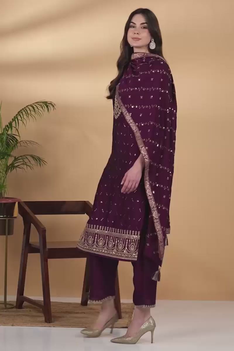 Silk Blend Wine Embroidered Straight Kurta Pant With Dupatta PKSKD1816
