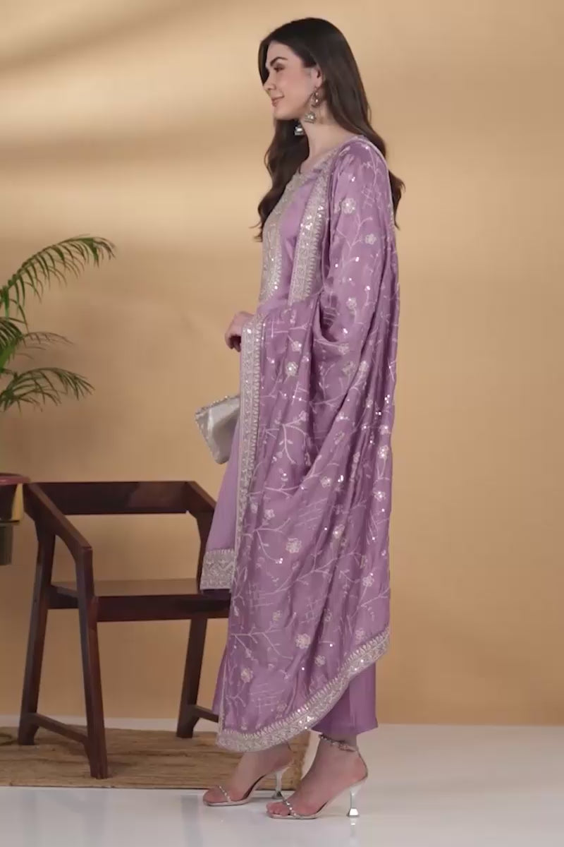 Lavender Silk Blend Straight Kurta Pant With Dupatta PKSKD1898