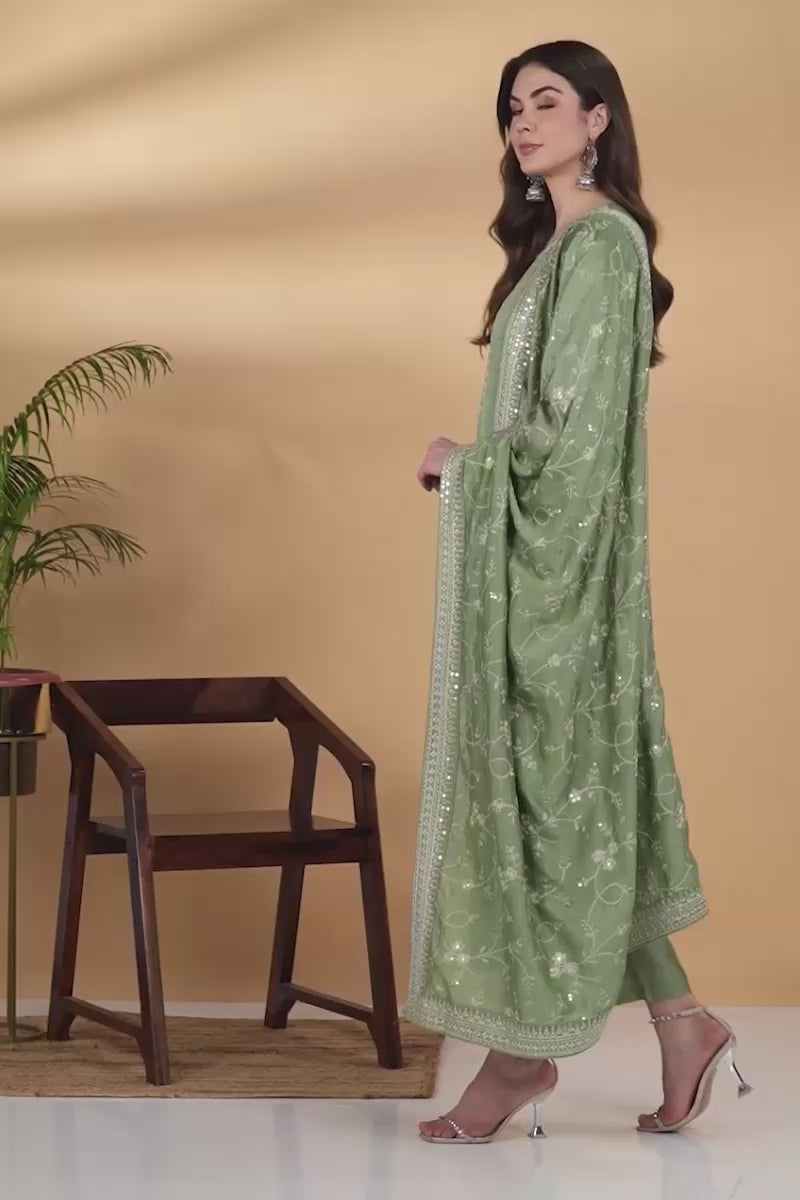 Green Silk Blend Ethnic Motifs Straight Suit Set PKSKD1897
