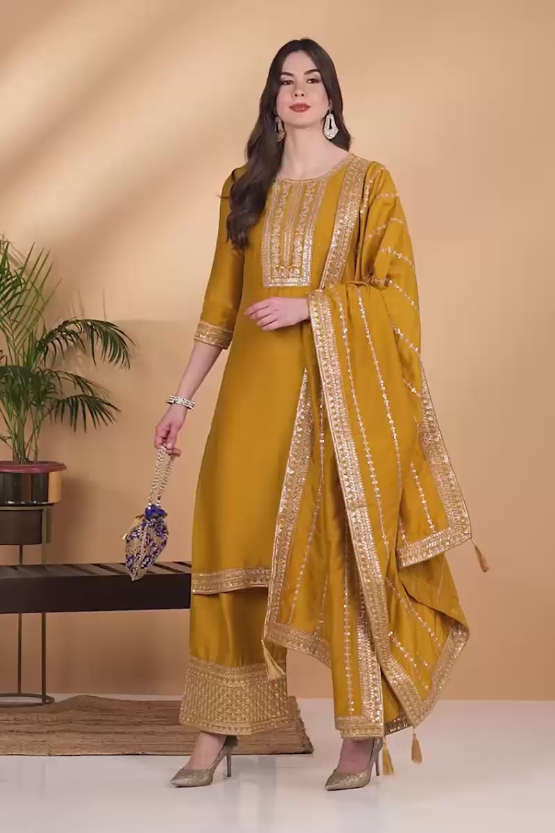 Mustard Yellow Silk Blend Solid Embroidered Straight Suit Set PKSKD2099