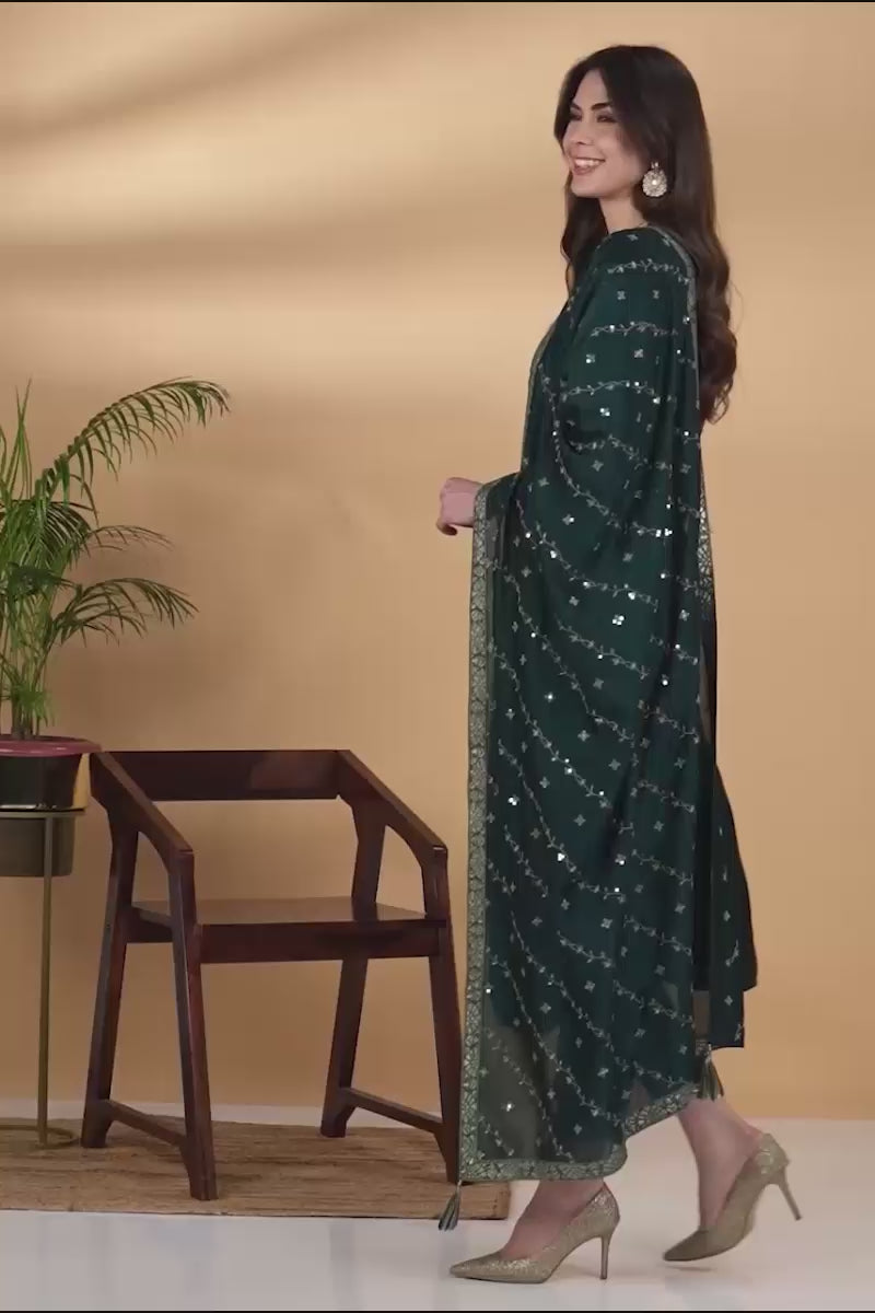Green Silk Blend Embroidered Straight Suit Set PKSKD1818