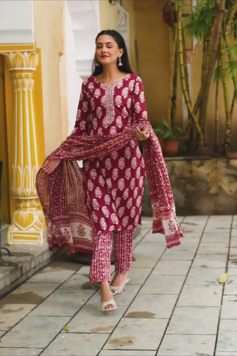 Burgundy Rayon Blend Straight Suit Set VKSKD1030