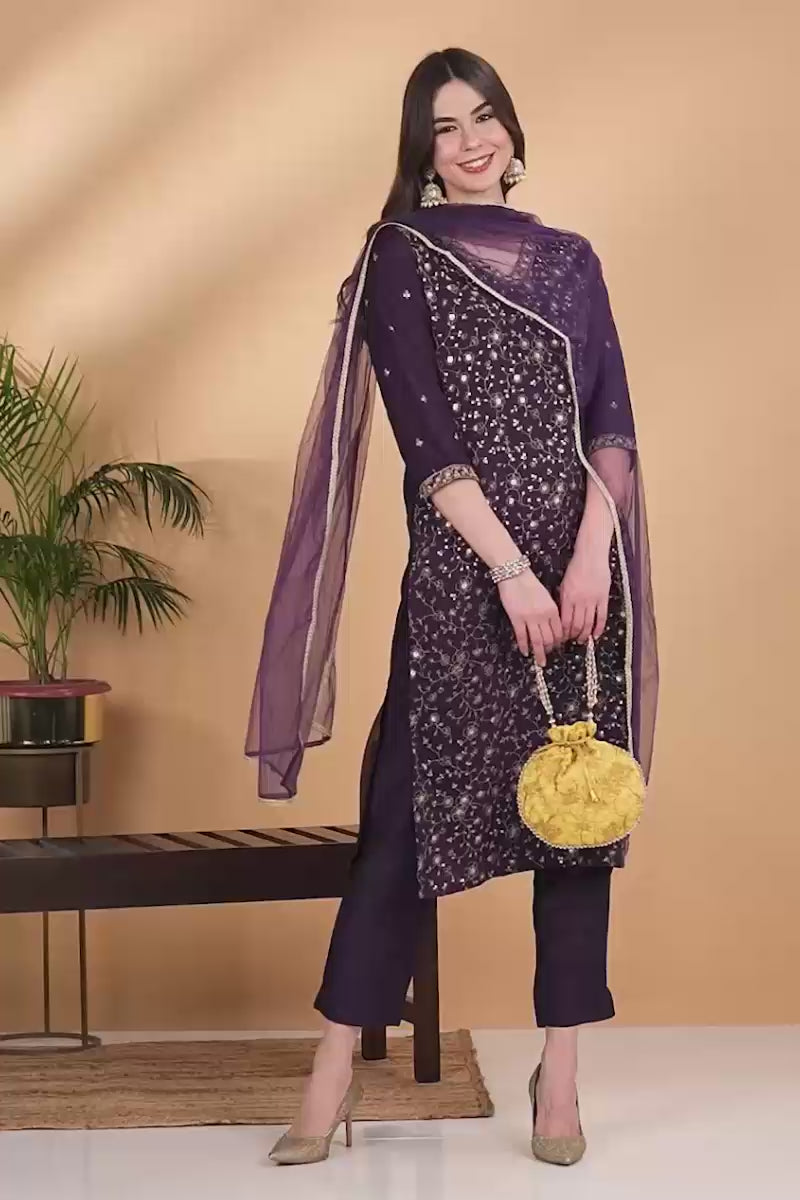 Purple Silk Blend Ethnic Motifs Straight Suit Set PKSKD1848
