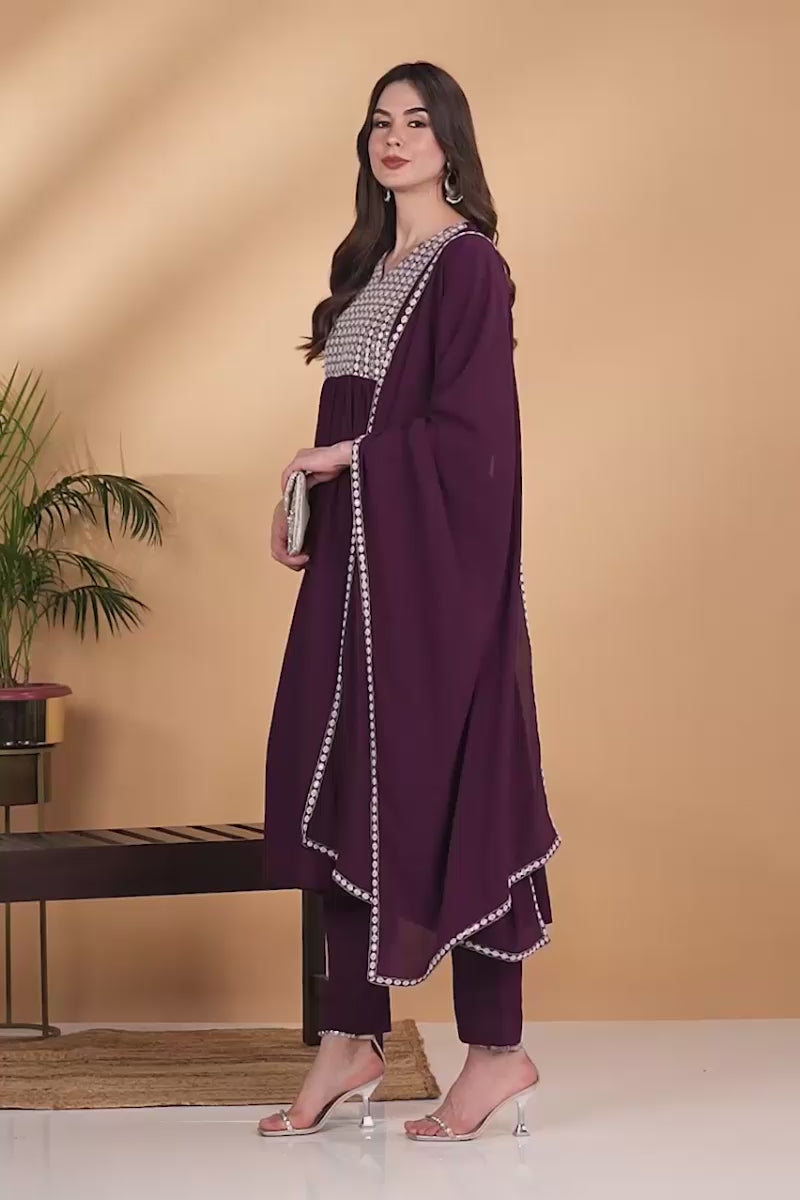 Burgundy Poly Georgette Yoke Design Suit Set PKSKD1603