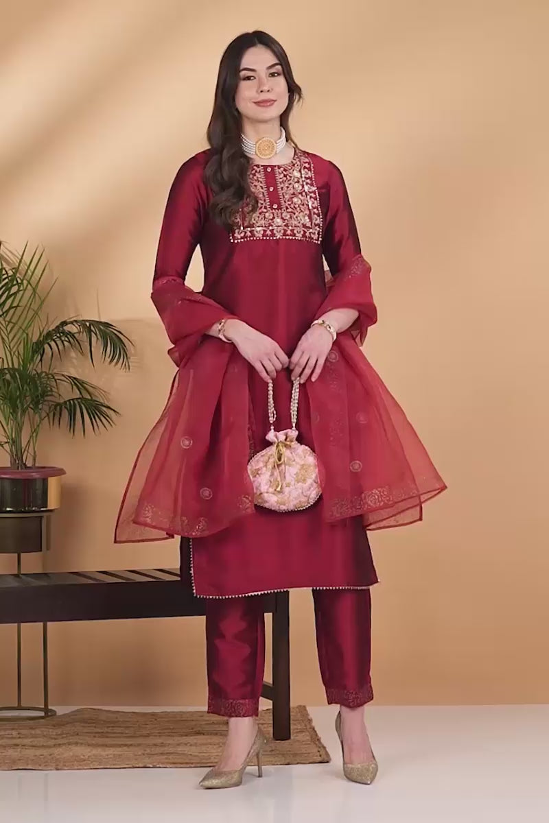 Maroon Silk Blend Yoke Design Kurta Trouser With Dupatta PKSKD1936