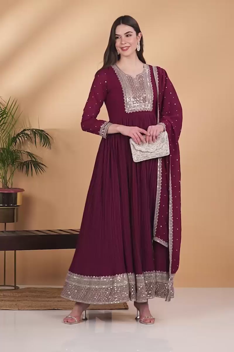 Plus Size Magenta Georgette Solid Yoke Design Sequinned Anarkali Kurta Dupatta Set VKSET1480