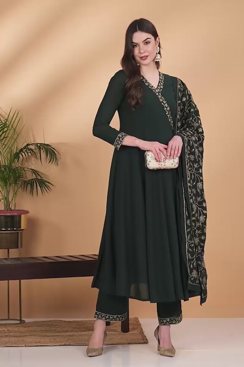 Dark Green Poly Georgette Angrakha Pant With Dupatta PKSKD1912