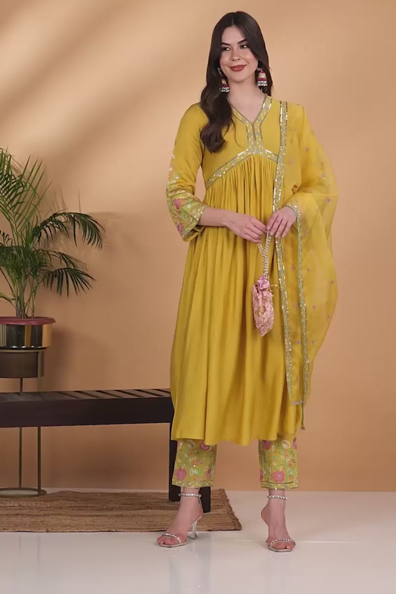 Yellow Silk Blend Embroidered Anarkali Suit Set PKSKD2046