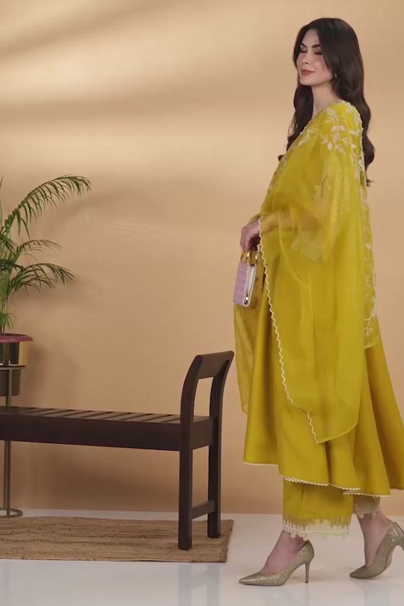 Yellow Silk Blend Solid Embroidered Flared Suit Set PKSKD2118