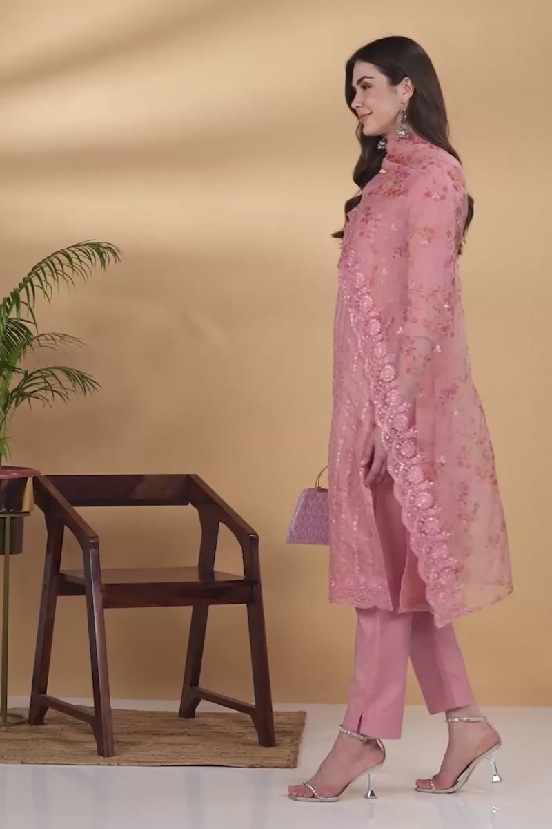 Peach Organza Ethnic Motifs Straight Suit Set PKSKD1795