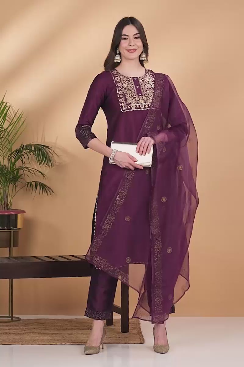 Purple Silk Blend Straight Yoke Design Kurta Pant With Dupatta PKSKD1937