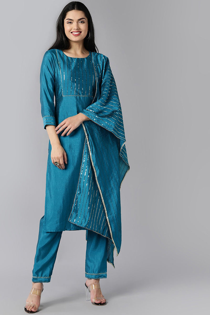 AHIKA Women Teal Layered Kurta with Trousers With Dupatta Set