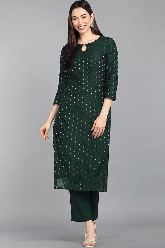 Ahika Women Cotton Green Woven Design Printed Straight Kurta Pant Set