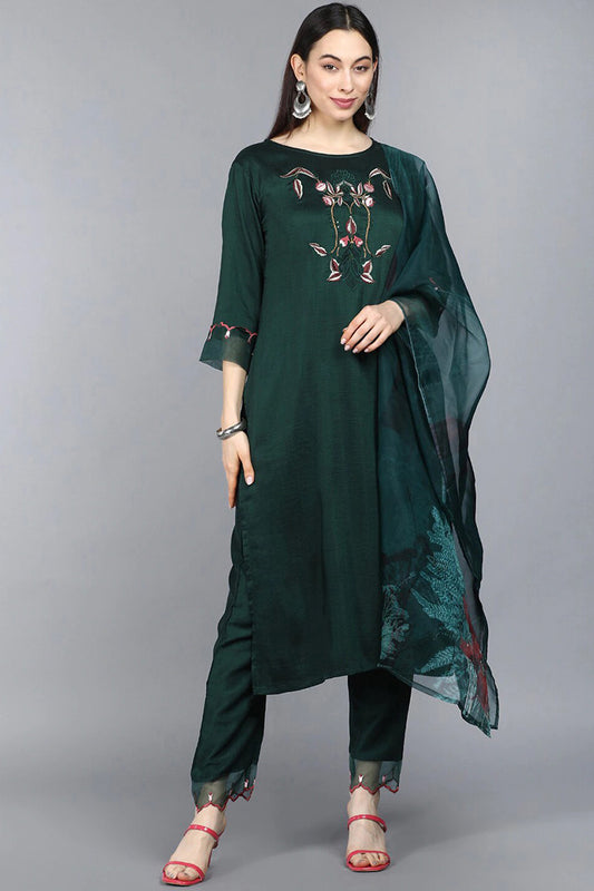 AHIKA Women Green Embroidered with Trousers Dupatta