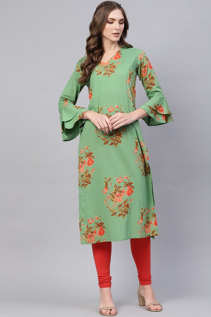Ahika Women Regular Wear Cotton Fabric Printed Sea Green Color Simple Kurti