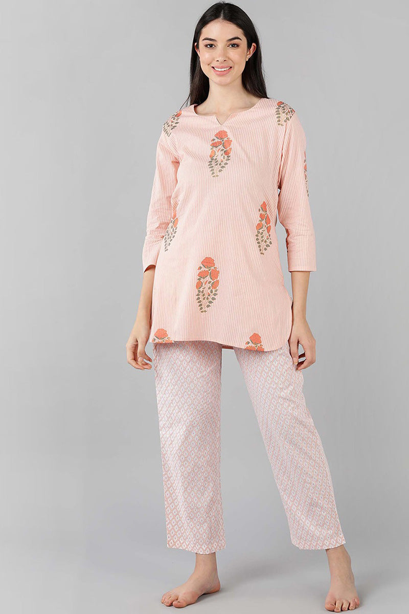 Peach Floral Printed Cotton Women's Night Suit Set